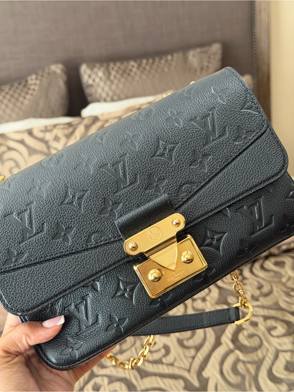 Louis Vuitton Black Monogram Embossed Leather Shoulder Bag with Gold Hardware